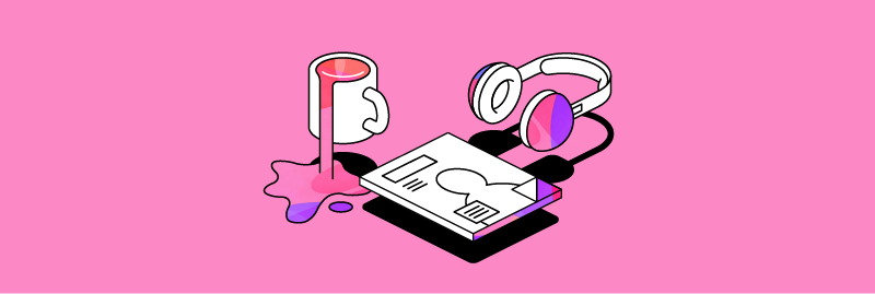 Illustration Of A Name Card, Mug And Headphones On A Pink Background