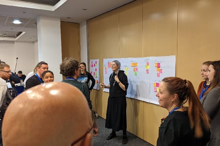 Image Of A Group Of People Gathered Around A Post With Lots Of Postits On It