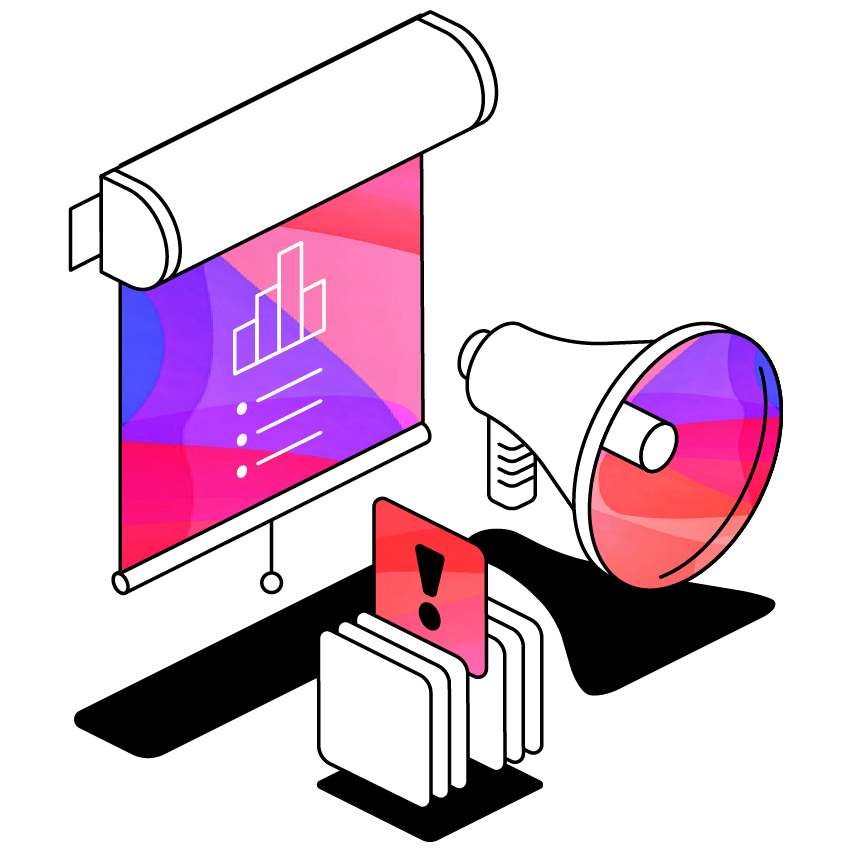 Illustration Of A Pull Down Sheet With A Graph On It. Illustration Of A MegaPhone And Cue Cards On The Right.