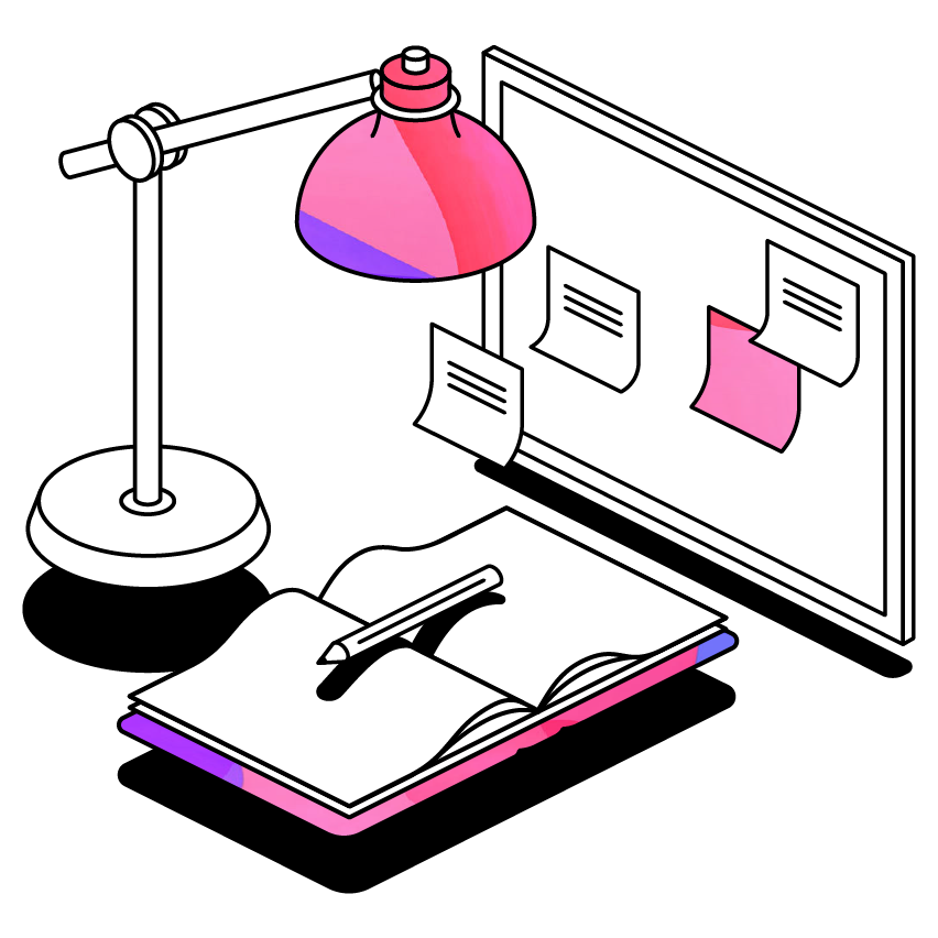 An open book with pen beside a notice board and desk lamp