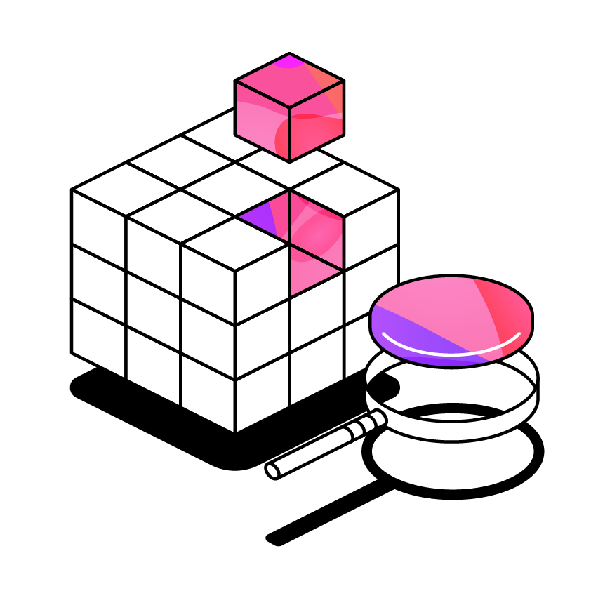 Illustration Of A Cube With A Missing Piece And A Magnifying Glass