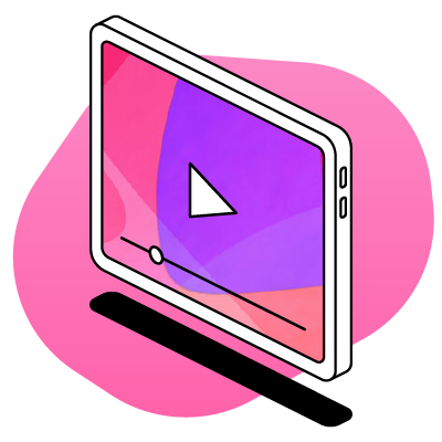 An illustrated icon of a tablet with a play button with a pink background