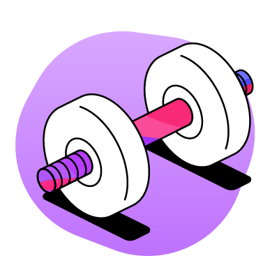 An illustrated icon of a dumbbell with a purple background