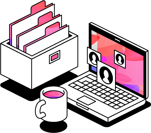 An illustrated icon of a filing cabinet next to a laptop and a cup of coffee