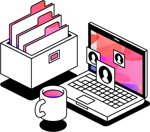 An illustrated icon of a laptop, a box of files and a cup of coffee