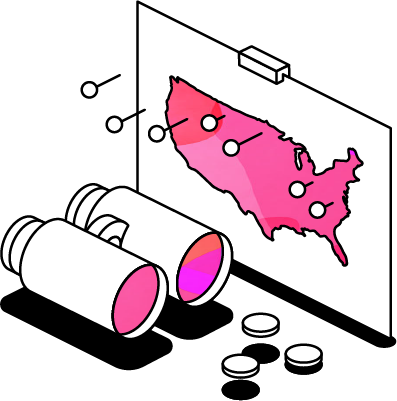 An illustrated icon of a map of the US with binoculars and pins in various locations on the map