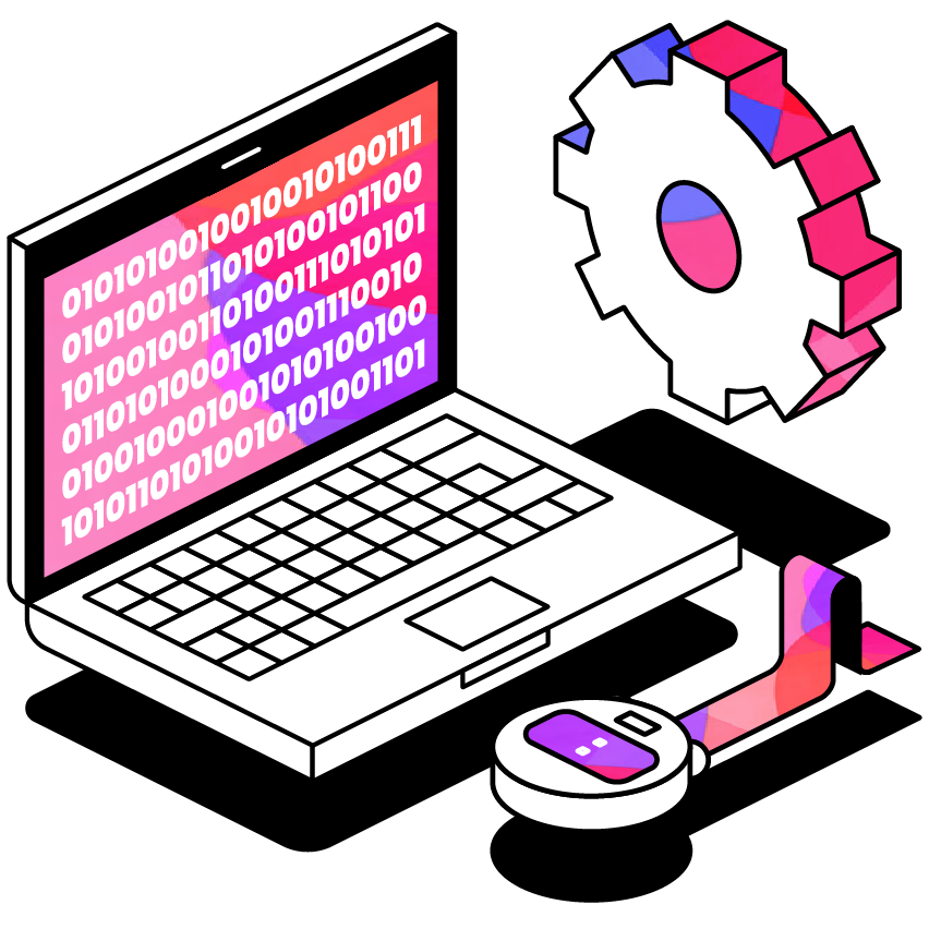 Illustration Of A Laptop With Code On It, A Cog And A Watch