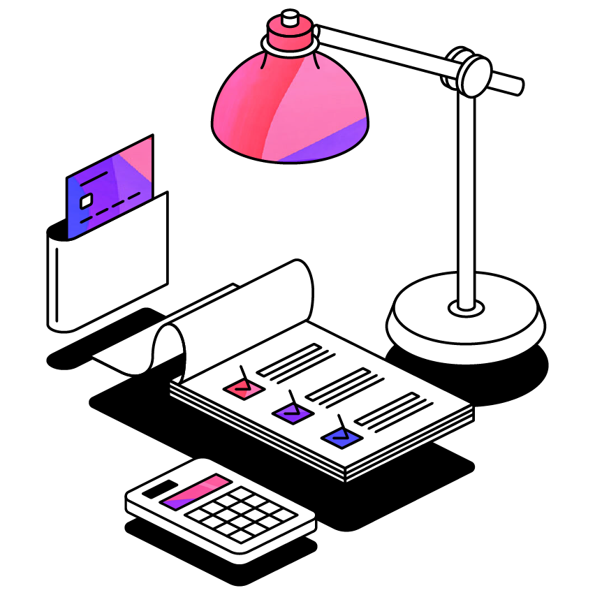 Illustration Of A NoteBook, A Lamp And Calculator.
